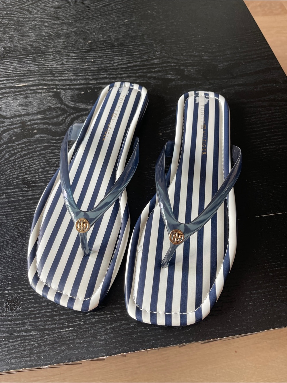 Tommy Hilfiger Navy & White Striped Flip Flop Sandals with Gold Logo